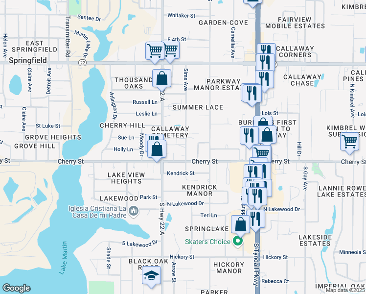 map of restaurants, bars, coffee shops, grocery stores, and more near 119e Sims Avenue in Callaway