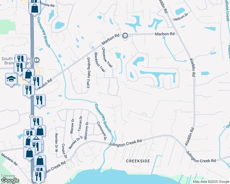 map of restaurants, bars, coffee shops, grocery stores, and more near 12174 Travertine Trail in Jacksonville
