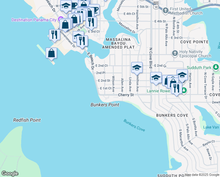 map of restaurants, bars, coffee shops, grocery stores, and more near 227 East 1st Court in Panama City