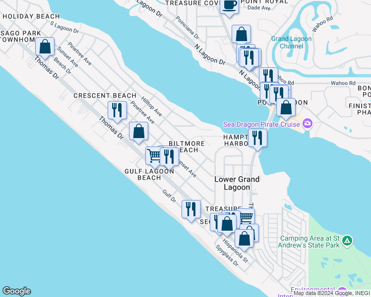 map of restaurants, bars, coffee shops, grocery stores, and more near 3803 Biltmore Drive in Panama City Beach