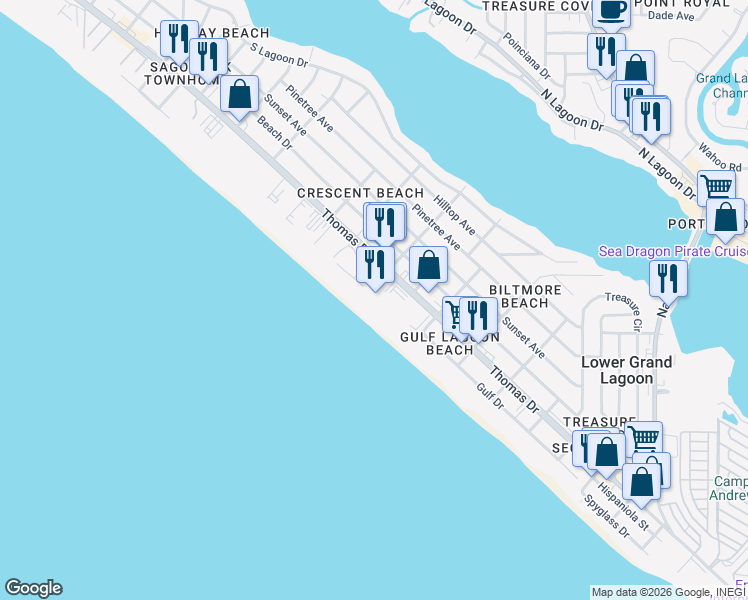 map of restaurants, bars, coffee shops, grocery stores, and more near 5801 Thomas Drive in Panama City Beach