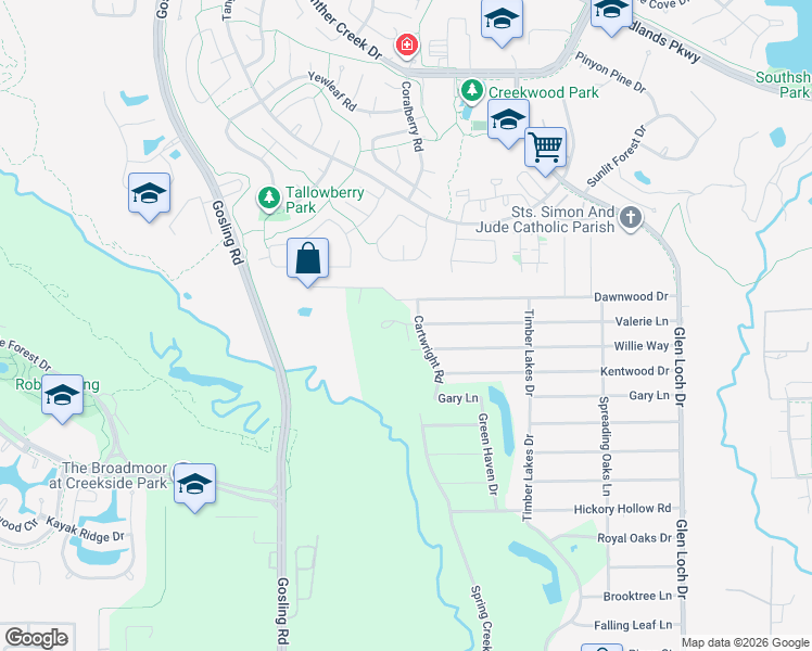 map of restaurants, bars, coffee shops, grocery stores, and more near 4921 Valerie Lane in Spring