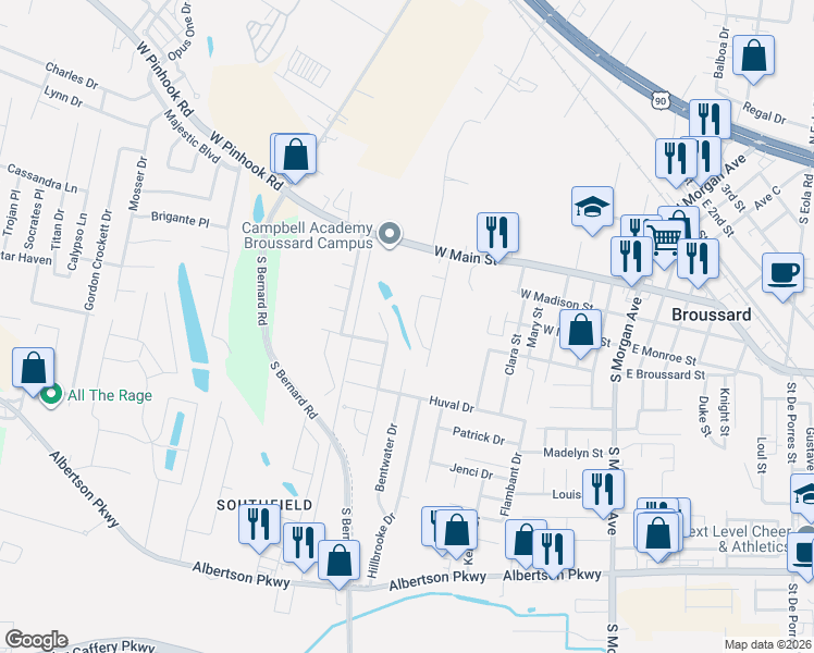 map of restaurants, bars, coffee shops, grocery stores, and more near 207 Masters Drive in Broussard