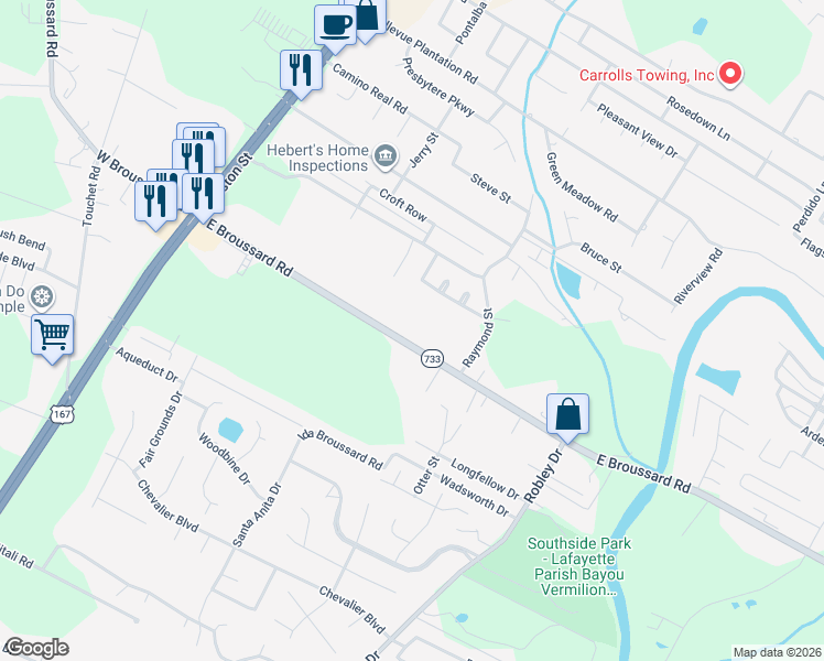 map of restaurants, bars, coffee shops, grocery stores, and more near 345 East Broussard Road in Lafayette