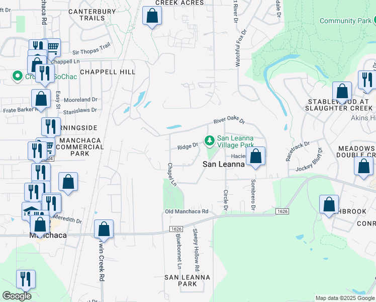 map of restaurants, bars, coffee shops, grocery stores, and more near 11411 Ridge Drive in Austin