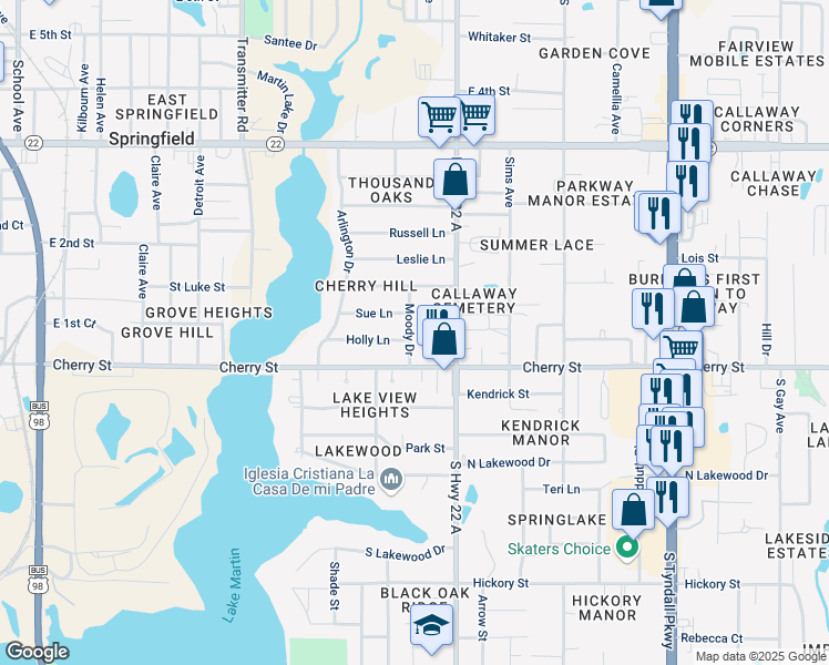 map of restaurants, bars, coffee shops, grocery stores, and more near 108 Moody Drive in Panama City