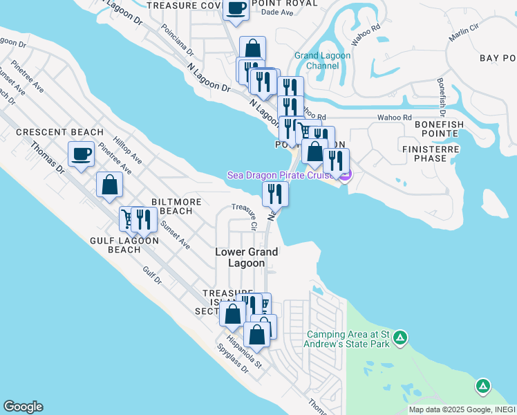 map of restaurants, bars, coffee shops, grocery stores, and more near 3600 Thomas Drive in Panama City Beach