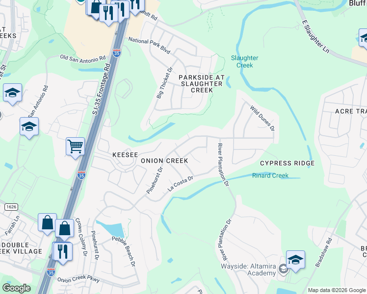 map of restaurants, bars, coffee shops, grocery stores, and more near 10235 Pinehurst Drive in Austin