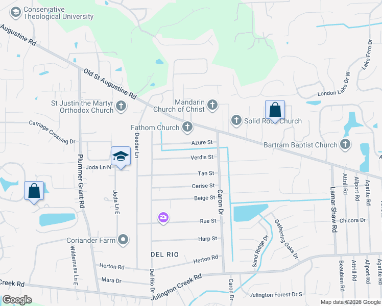 map of restaurants, bars, coffee shops, grocery stores, and more near 5041 Verdis Street in Jacksonville