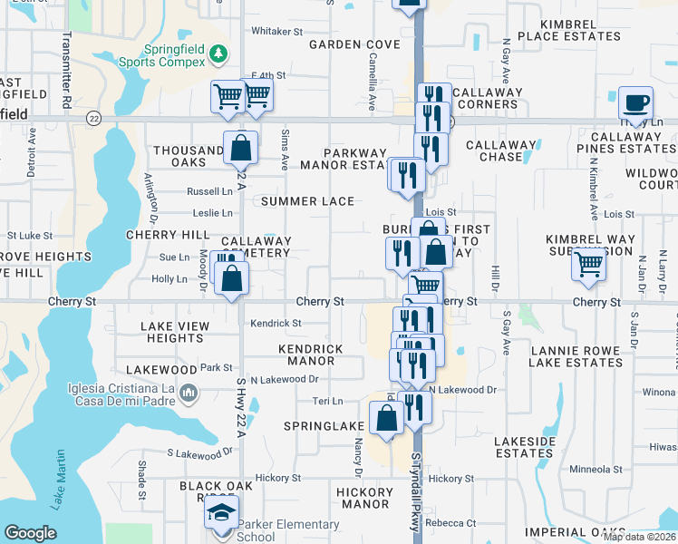 map of restaurants, bars, coffee shops, grocery stores, and more near 5317 Manzonita Drive in Panama City