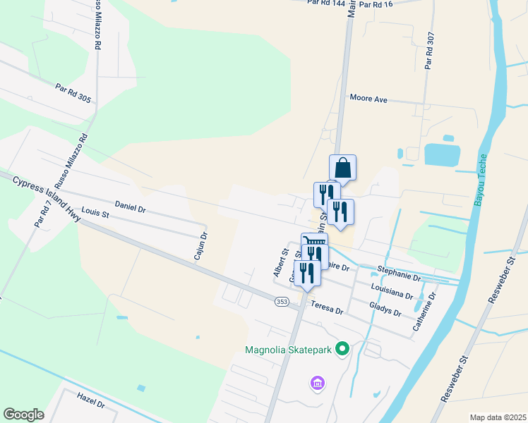 map of restaurants, bars, coffee shops, grocery stores, and more near 272-498 Willis Drive in Saint Martinville