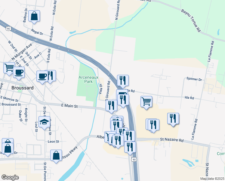 map of restaurants, bars, coffee shops, grocery stores, and more near 135-211 South Girouard Road in Broussard