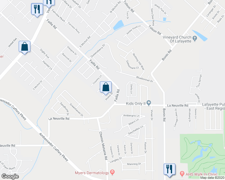 map of restaurants, bars, coffee shops, grocery stores, and more near 444 Failla Road in Lafayette