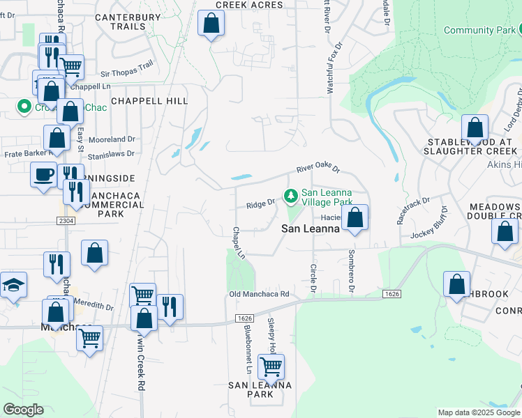 map of restaurants, bars, coffee shops, grocery stores, and more near 11411 Ridge Drive in Austin