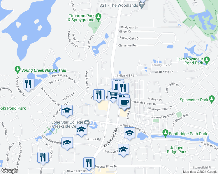 map of restaurants, bars, coffee shops, grocery stores, and more near 59 Banbury Court in Tomball