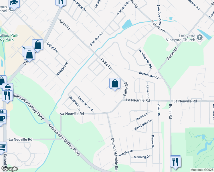 map of restaurants, bars, coffee shops, grocery stores, and more near 140 Sandest Drive in Lafayette