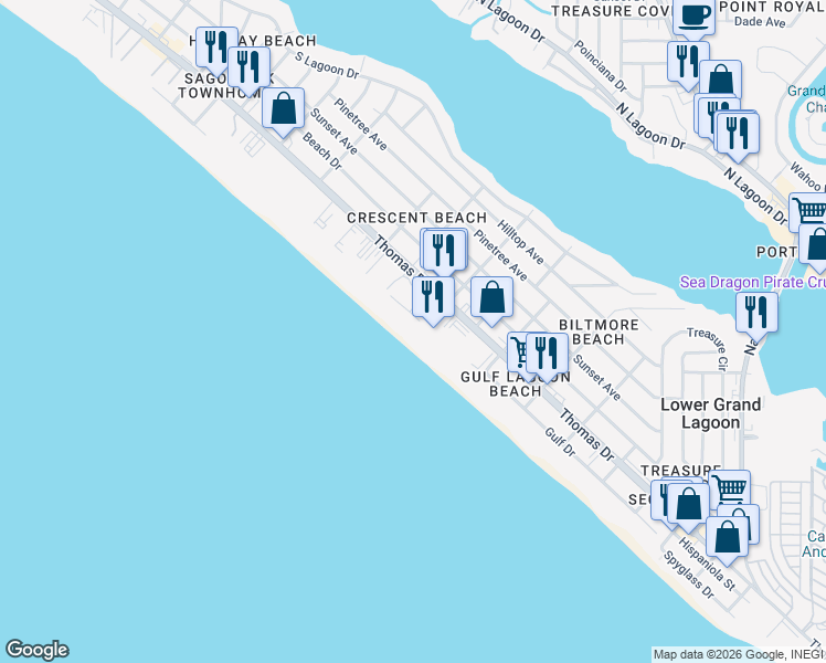 map of restaurants, bars, coffee shops, grocery stores, and more near 5903 Gulf Drive in Panama City