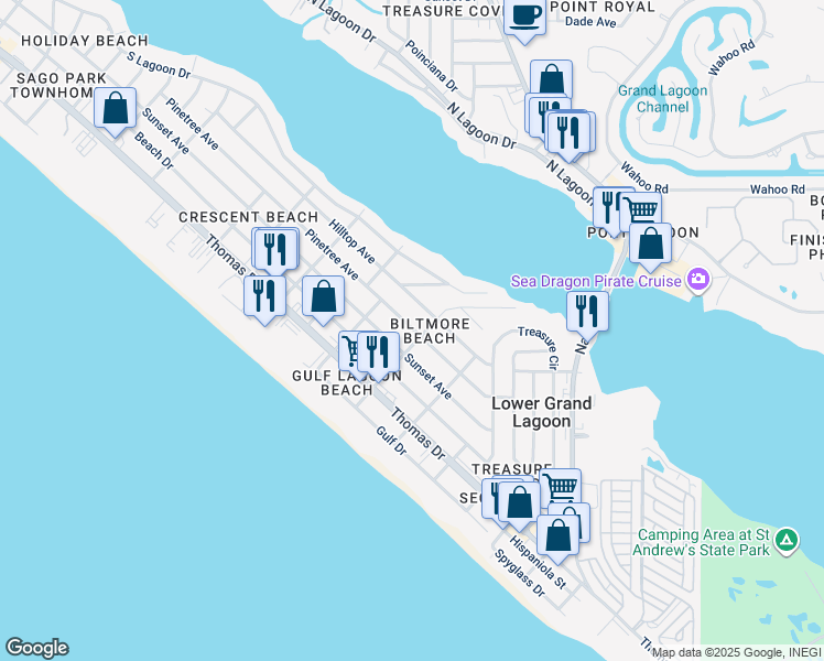 map of restaurants, bars, coffee shops, grocery stores, and more near 5605 Pinetree Avenue in Panama City Beach