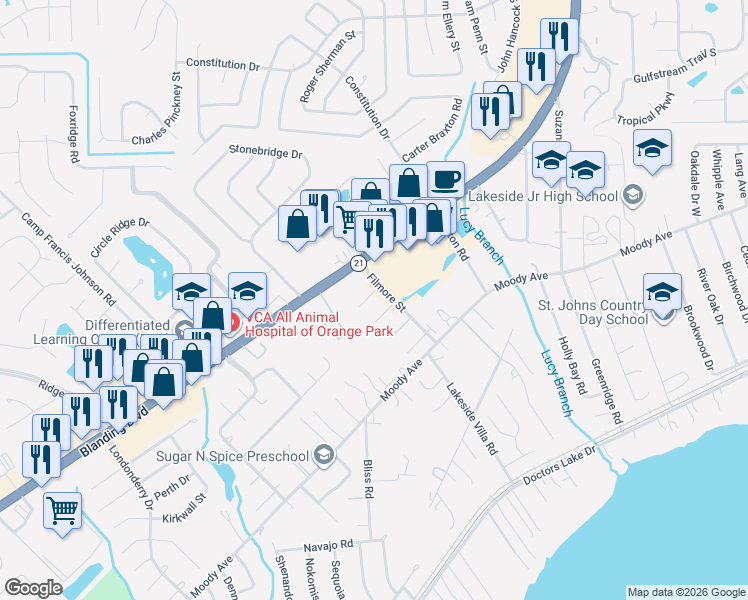 map of restaurants, bars, coffee shops, grocery stores, and more near 1059 Kimberly Court in Orange Park