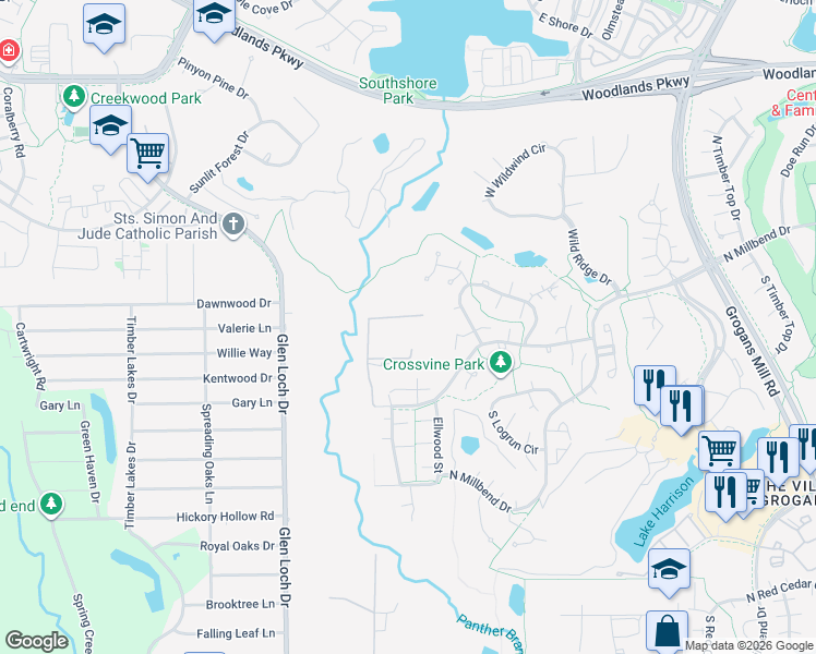 map of restaurants, bars, coffee shops, grocery stores, and more near 26410 McDonald Road in Spring