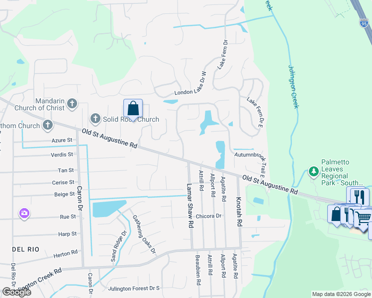 map of restaurants, bars, coffee shops, grocery stores, and more near 12412 Autumnbrook Trail West in Jacksonville