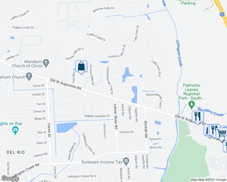 map of restaurants, bars, coffee shops, grocery stores, and more near 12412 Autumnbrook Trail West in Jacksonville
