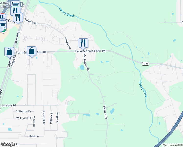 map of restaurants, bars, coffee shops, grocery stores, and more near 20593 Sullivan Road in New Caney
