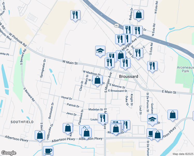 map of restaurants, bars, coffee shops, grocery stores, and more near 206 North Saint Jean Street in Broussard