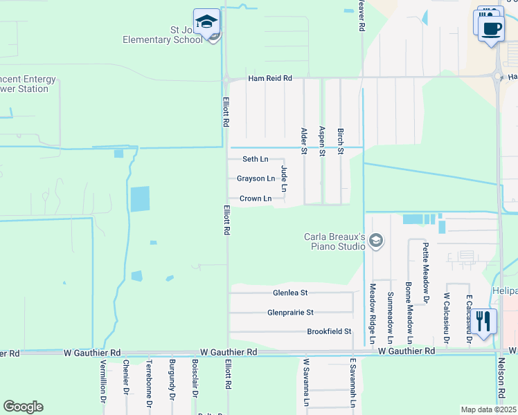 map of restaurants, bars, coffee shops, grocery stores, and more near 2777 Crown Ln in Lake Charles