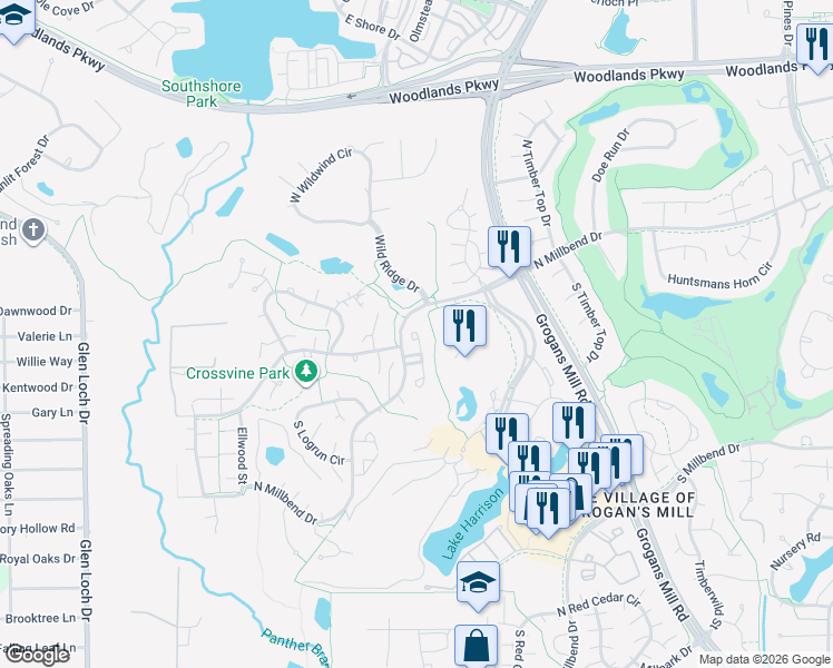map of restaurants, bars, coffee shops, grocery stores, and more near 74 Lazy Lane in The Woodlands