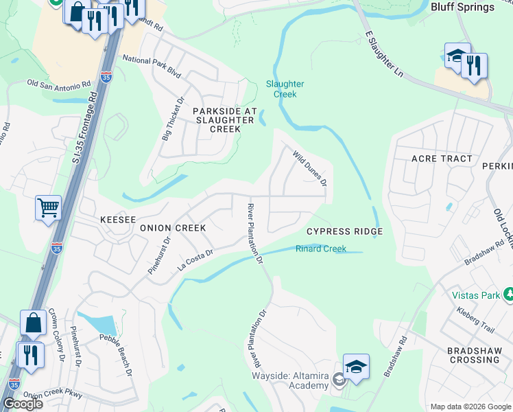 map of restaurants, bars, coffee shops, grocery stores, and more near 10205A River Plantation Dr in Austin