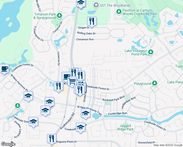 map of restaurants, bars, coffee shops, grocery stores, and more near 227 Kendrick Pines Boulevard in The Woodlands