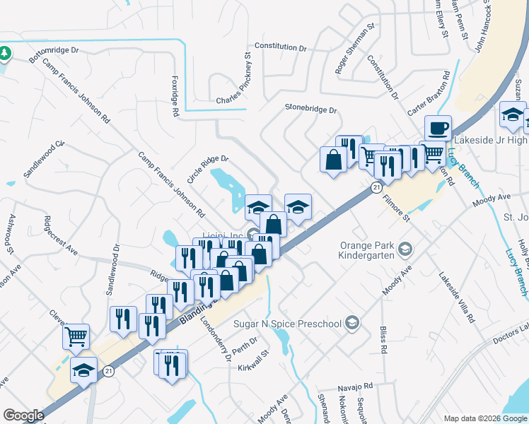 map of restaurants, bars, coffee shops, grocery stores, and more near 2916 Circle Ridge Drive in Orange Park
