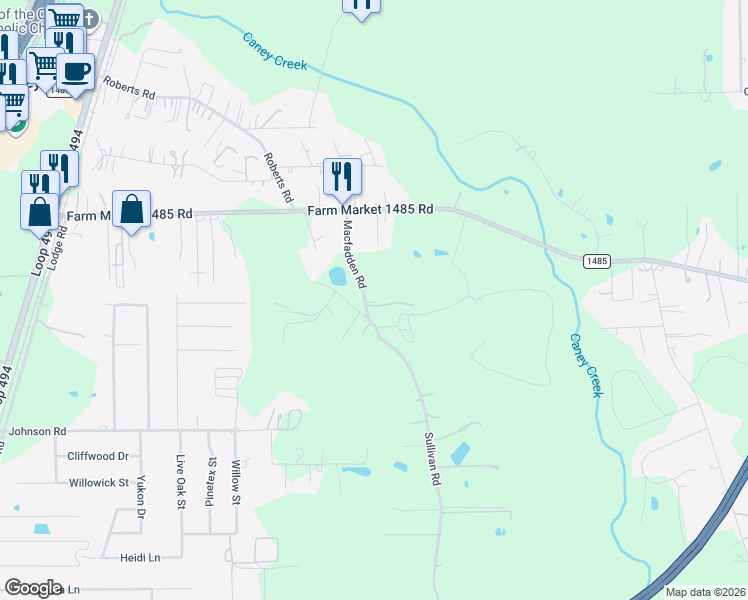 map of restaurants, bars, coffee shops, grocery stores, and more near 20593 Sullivan Road in New Caney