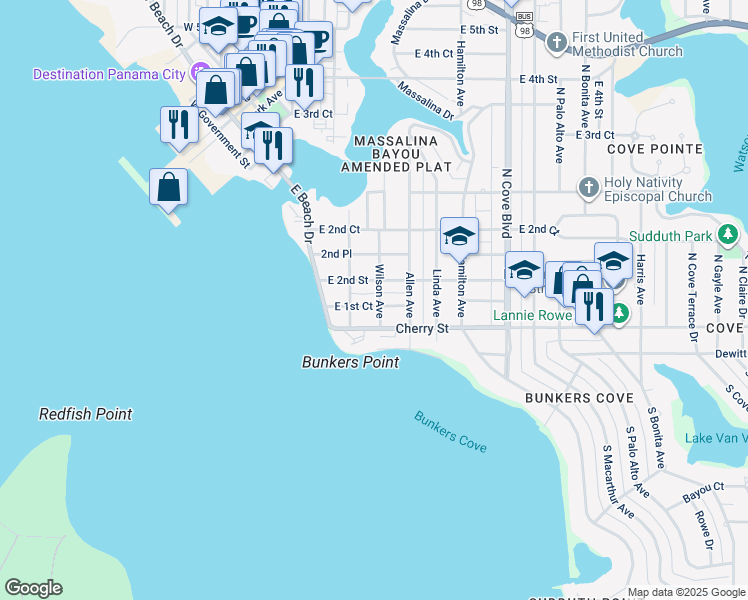 map of restaurants, bars, coffee shops, grocery stores, and more near 227 East 1st Court in Panama City