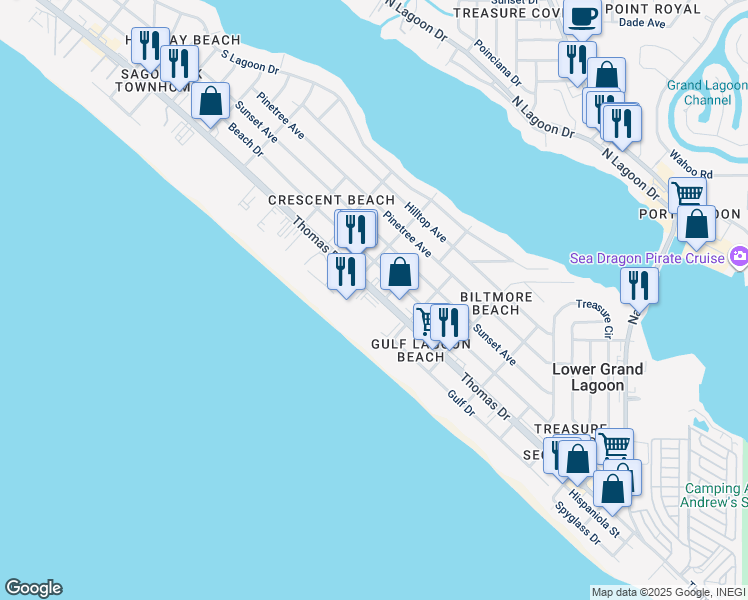 map of restaurants, bars, coffee shops, grocery stores, and more near 5801 Thomas Drive in Panama City Beach