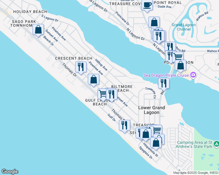 map of restaurants, bars, coffee shops, grocery stores, and more near 5605 Pinetree Avenue in Panama City Beach