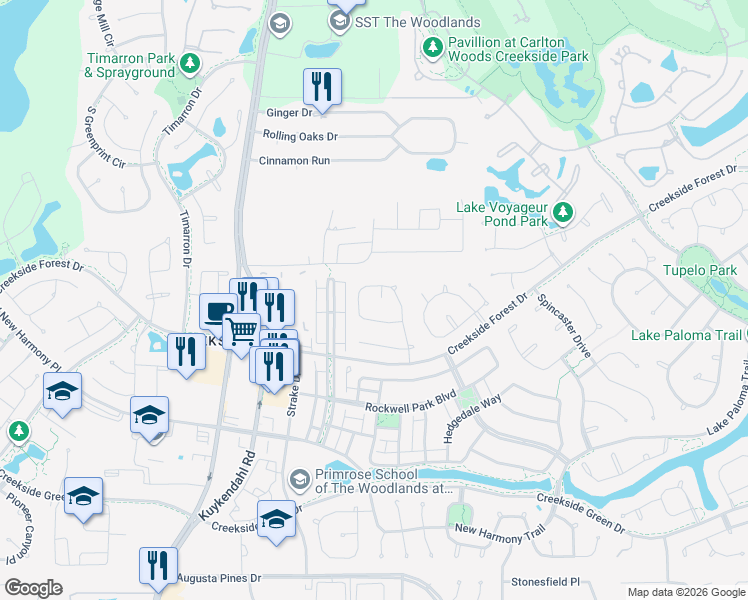map of restaurants, bars, coffee shops, grocery stores, and more near 2 Meadow Owl Place in Spring