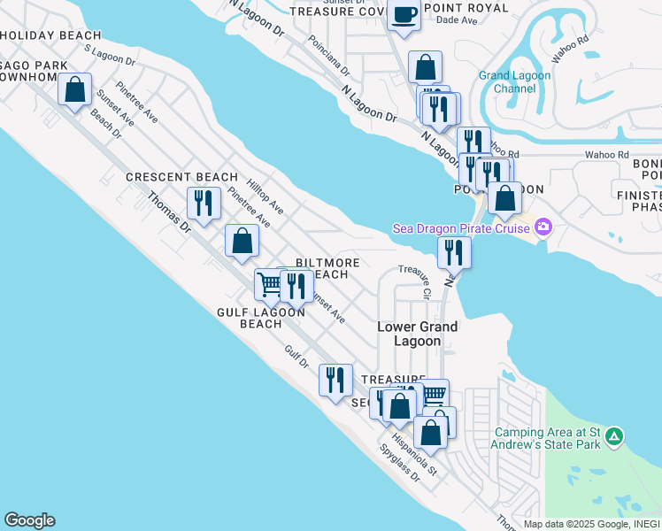 map of restaurants, bars, coffee shops, grocery stores, and more near 3803 Biltmore Drive in Panama City Beach