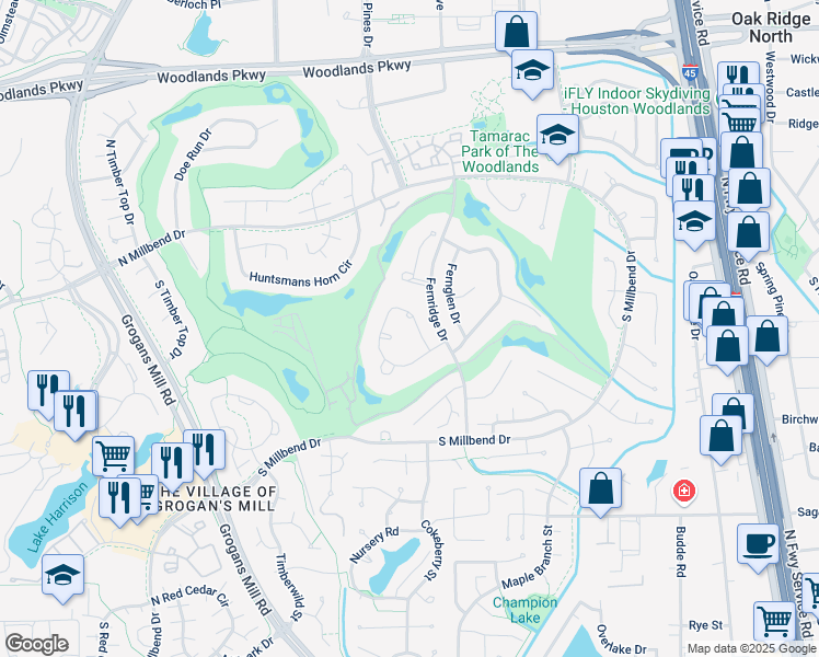 map of restaurants, bars, coffee shops, grocery stores, and more near 78 North Royal Fern Drive in Spring