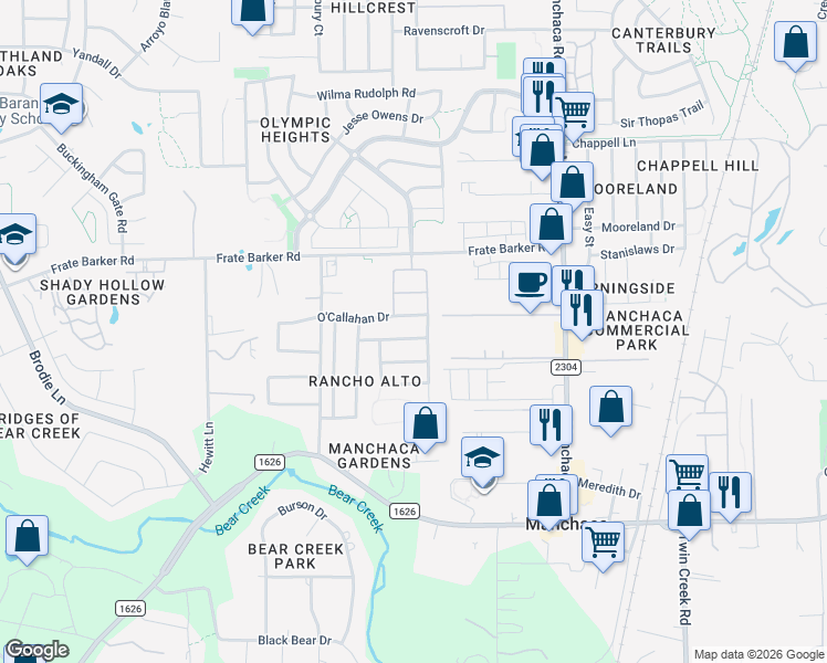 map of restaurants, bars, coffee shops, grocery stores, and more near 1708 McClannahan Drive in Austin