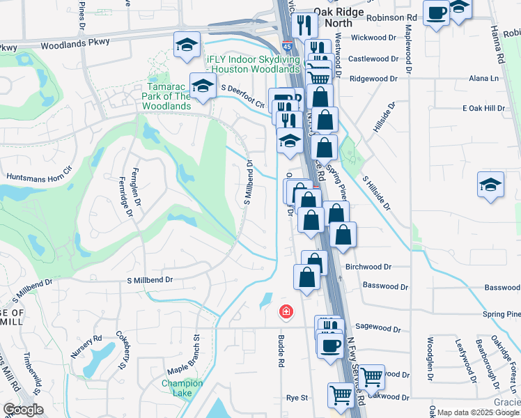 map of restaurants, bars, coffee shops, grocery stores, and more near 41 Brushwood Court in Spring