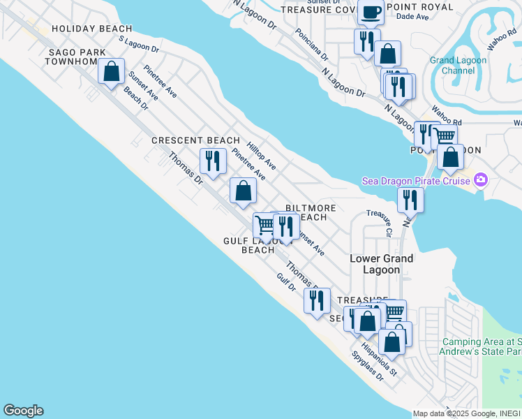 map of restaurants, bars, coffee shops, grocery stores, and more near 5702 Beach Drive in Panama City