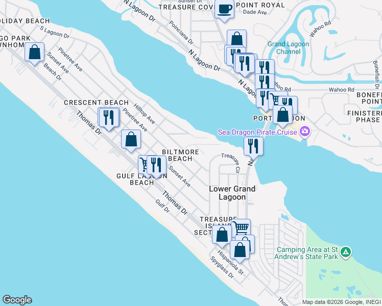 map of restaurants, bars, coffee shops, grocery stores, and more near 5419 Lagoon Way in Panama City Beach