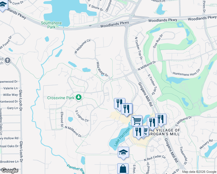 map of restaurants, bars, coffee shops, grocery stores, and more near 74 Lazy Lane in The Woodlands