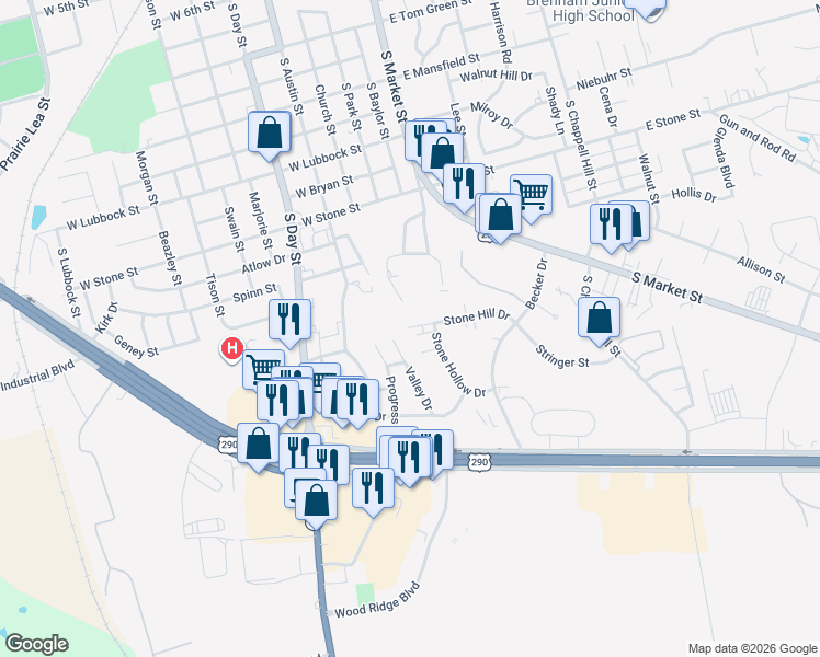 map of restaurants, bars, coffee shops, grocery stores, and more near 2300 Stone Hollow Drive in Brenham