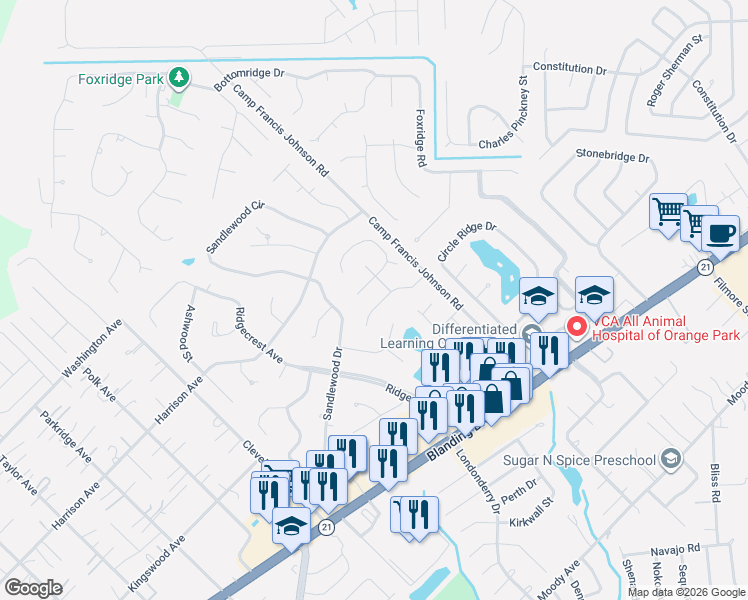 map of restaurants, bars, coffee shops, grocery stores, and more near 818 Elmwood Street in Orange Park