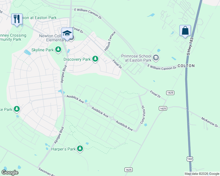 map of restaurants, bars, coffee shops, grocery stores, and more near 9108 Flatbush Drive in Austin