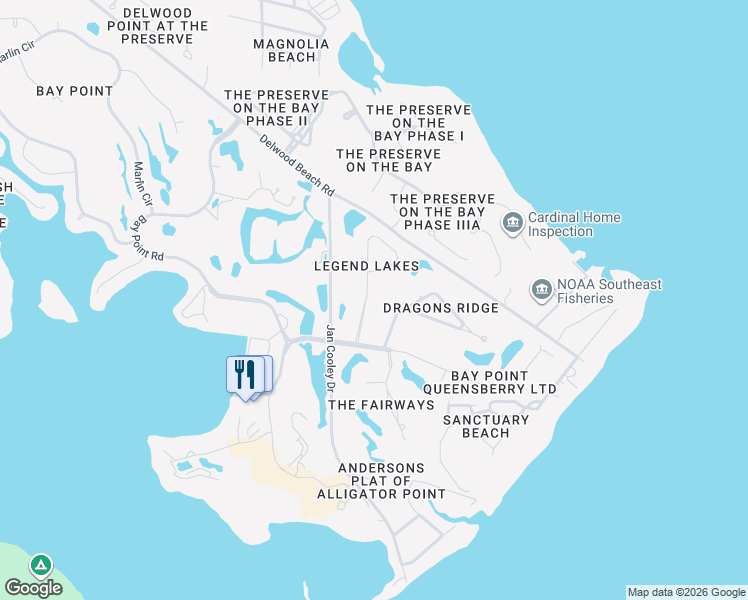 map of restaurants, bars, coffee shops, grocery stores, and more near 112 Legend Lakes Drive in Panama City Beach