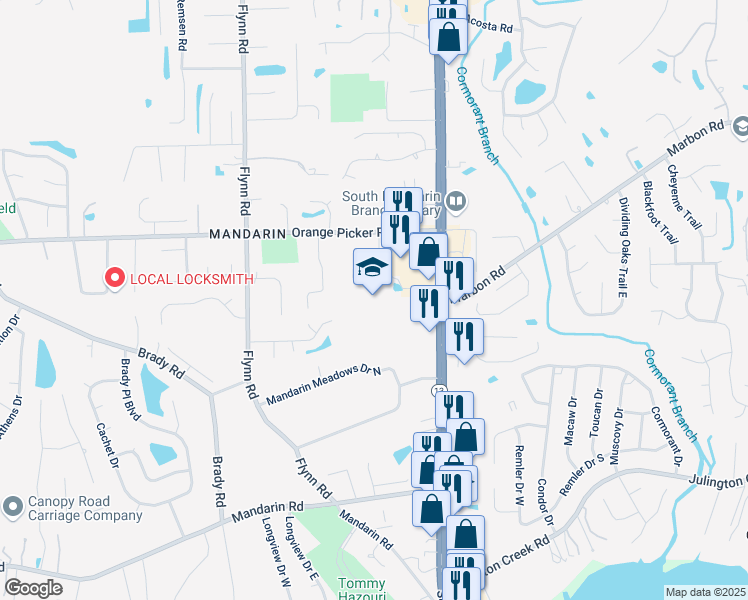 map of restaurants, bars, coffee shops, grocery stores, and more near 12276 San Jose Boulevard in Jacksonville